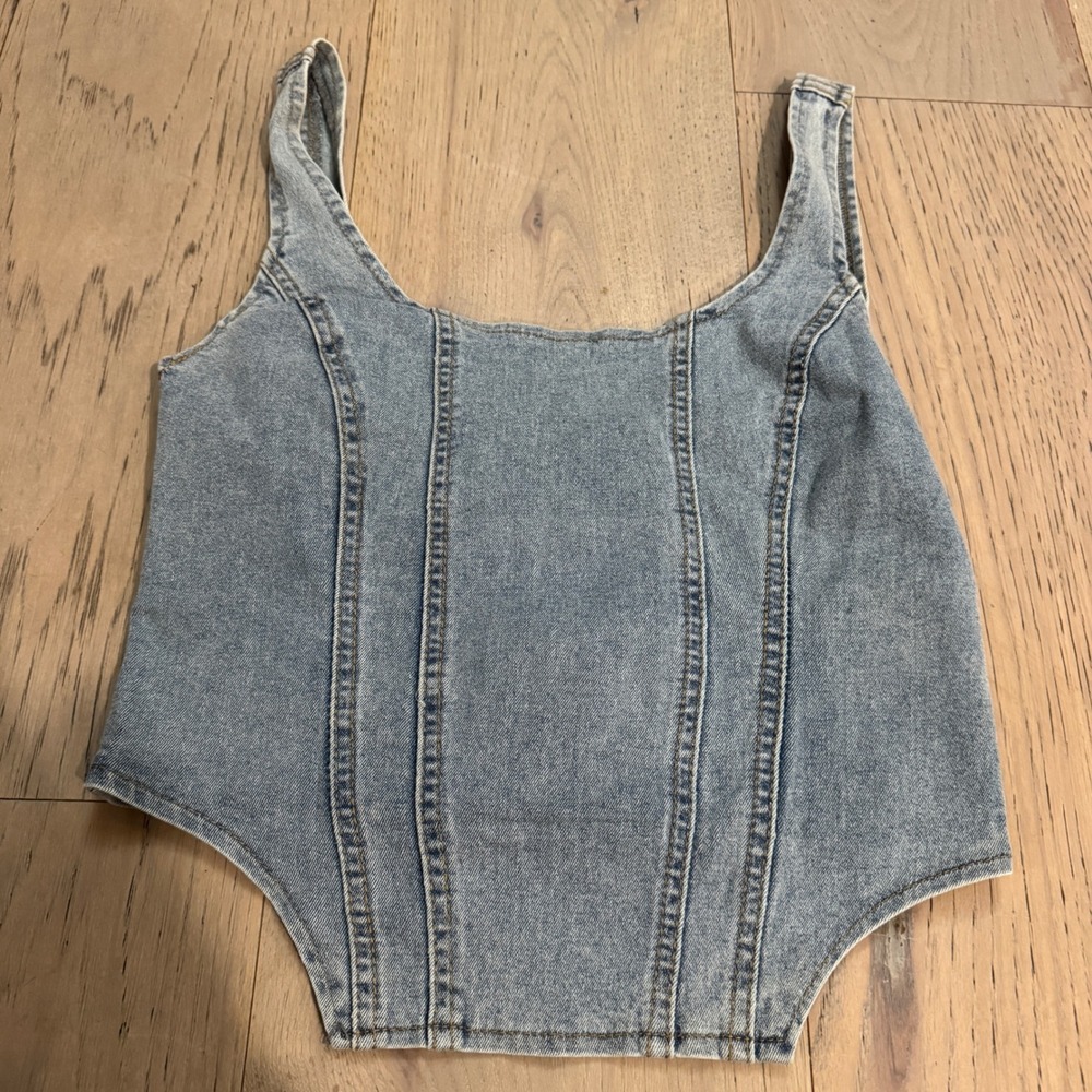 Light Wash Denim Corset Top‎ Paneled Square Neck Zip Back Crop Bustier Tank